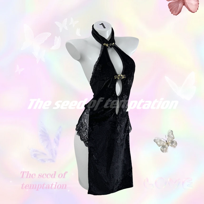 TSOT「璀璨星河」黑色玫瑰性感蕾丝露背旗袍睡裙