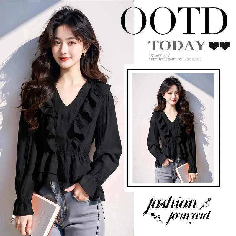 A298洋气雪纺减龄小衫2025新款洋气爆款衬衫超好看荷叶边v领上衣