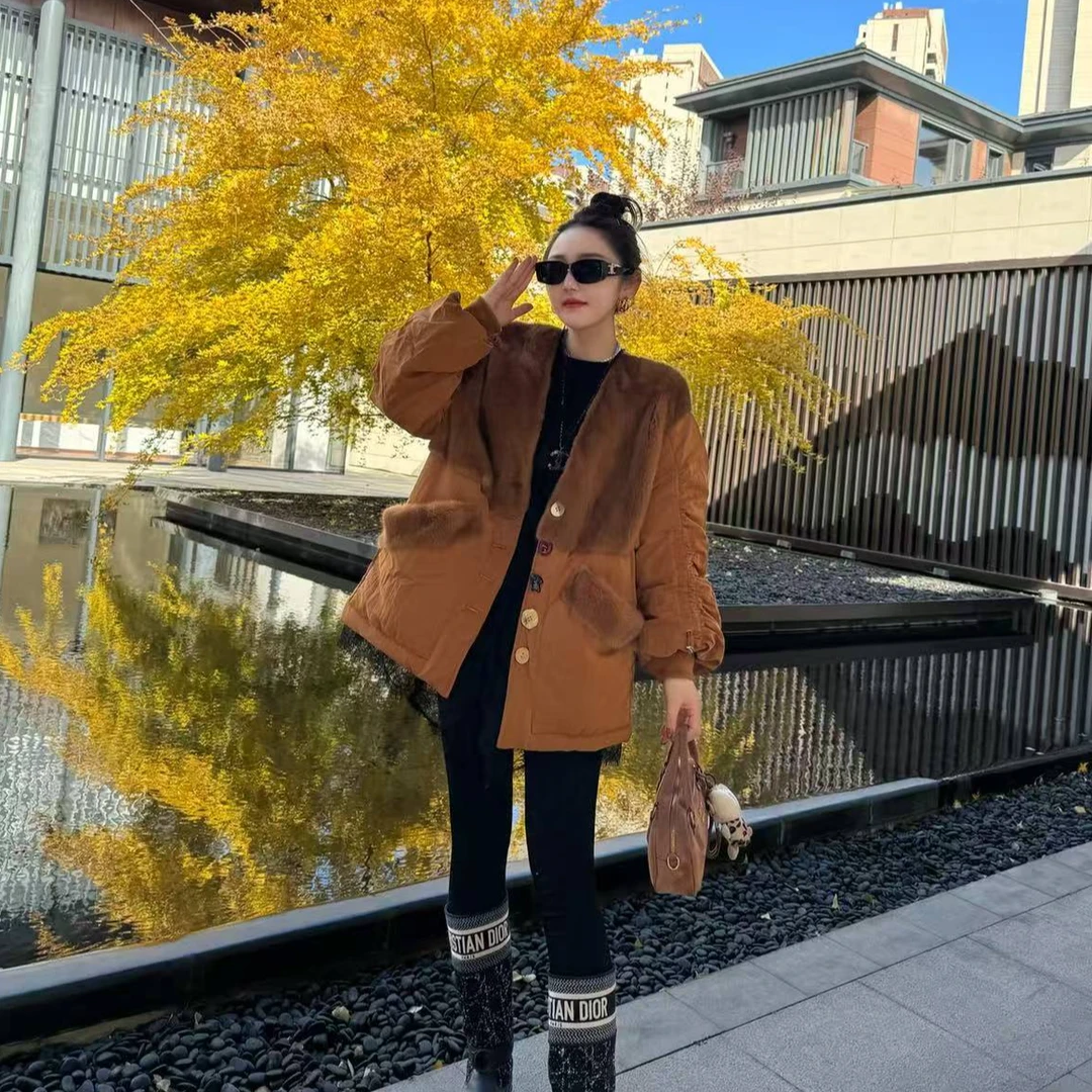 【DCP•Flagship store】85043-BE 2025新款轻奢水貂鹅绒服皮草外套