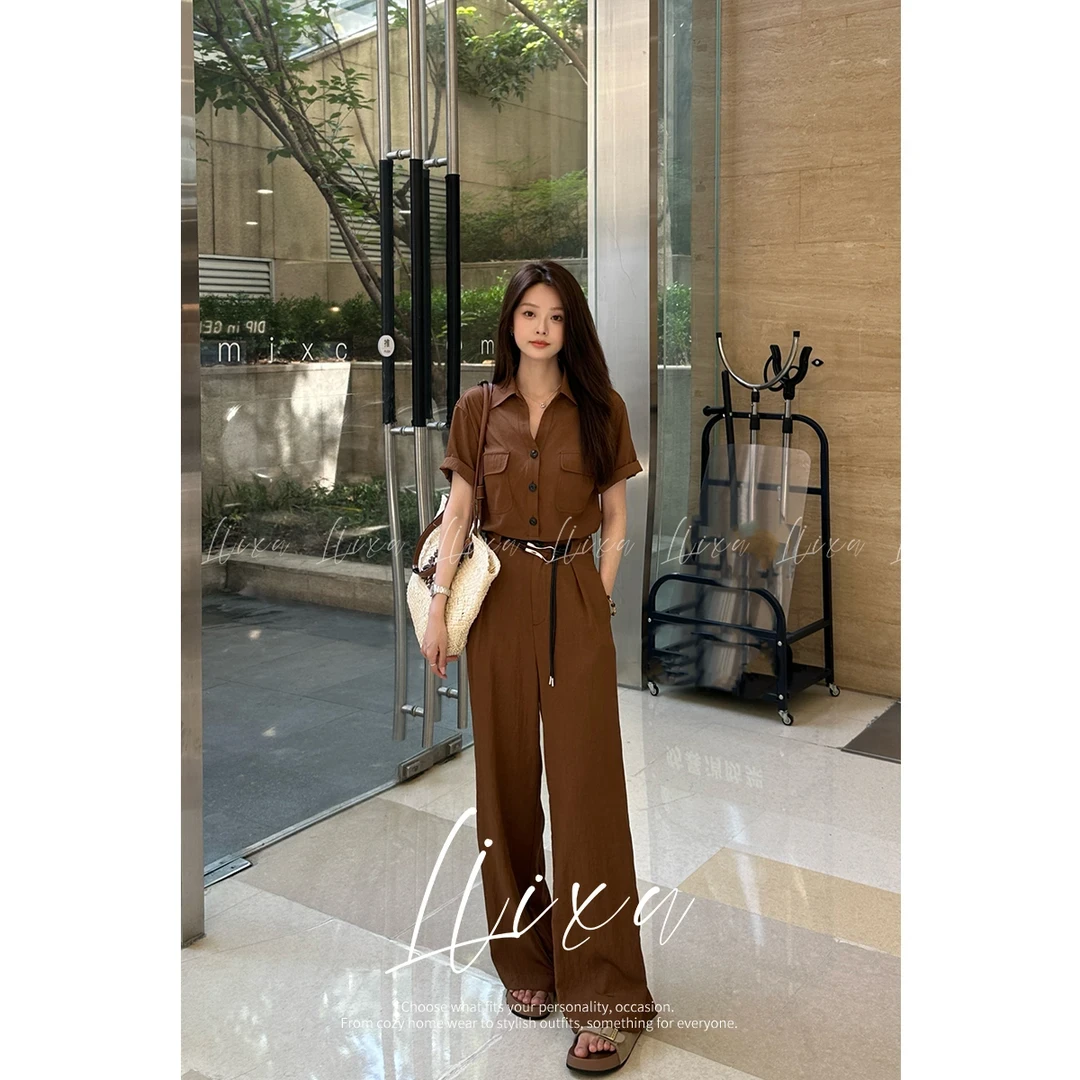 Liixu夏季气质时尚高腰休闲复古短袖上衣阔腿裤三件套L52TZ368
