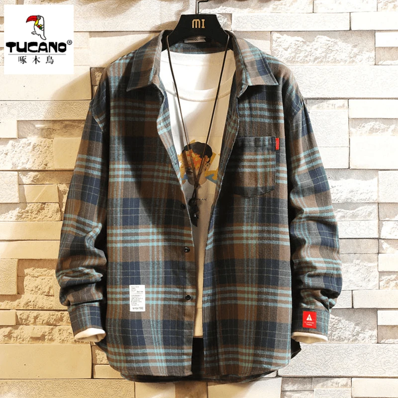 啄木鳥TUCANO休闲格子衬衫男帅气潮流春秋休闲衬衣宽松外套2025