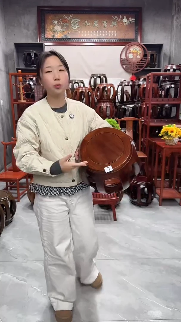 花梨木类家具【微瑕】胡桃色小号鼓凳7号