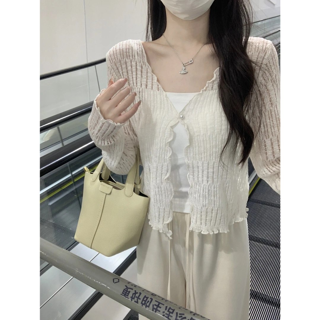 2025小个子温柔风木耳边镂空针织开衫外套女修身春夏短款防晒罩衫