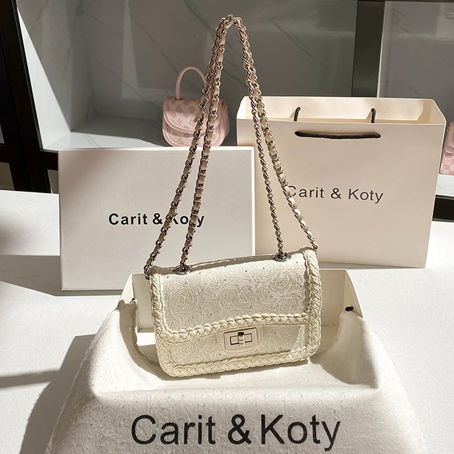 CARIT KOTY小香风刺绣小方包包女爆款2025新款百搭链条腋下包斜挎