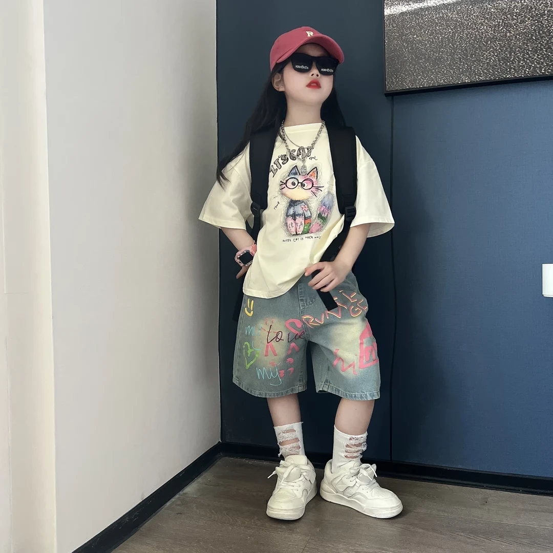 女童夏装牛仔短裤套装大儿童夏季洋气卡通短袖女孩夏款潮酷五分裤