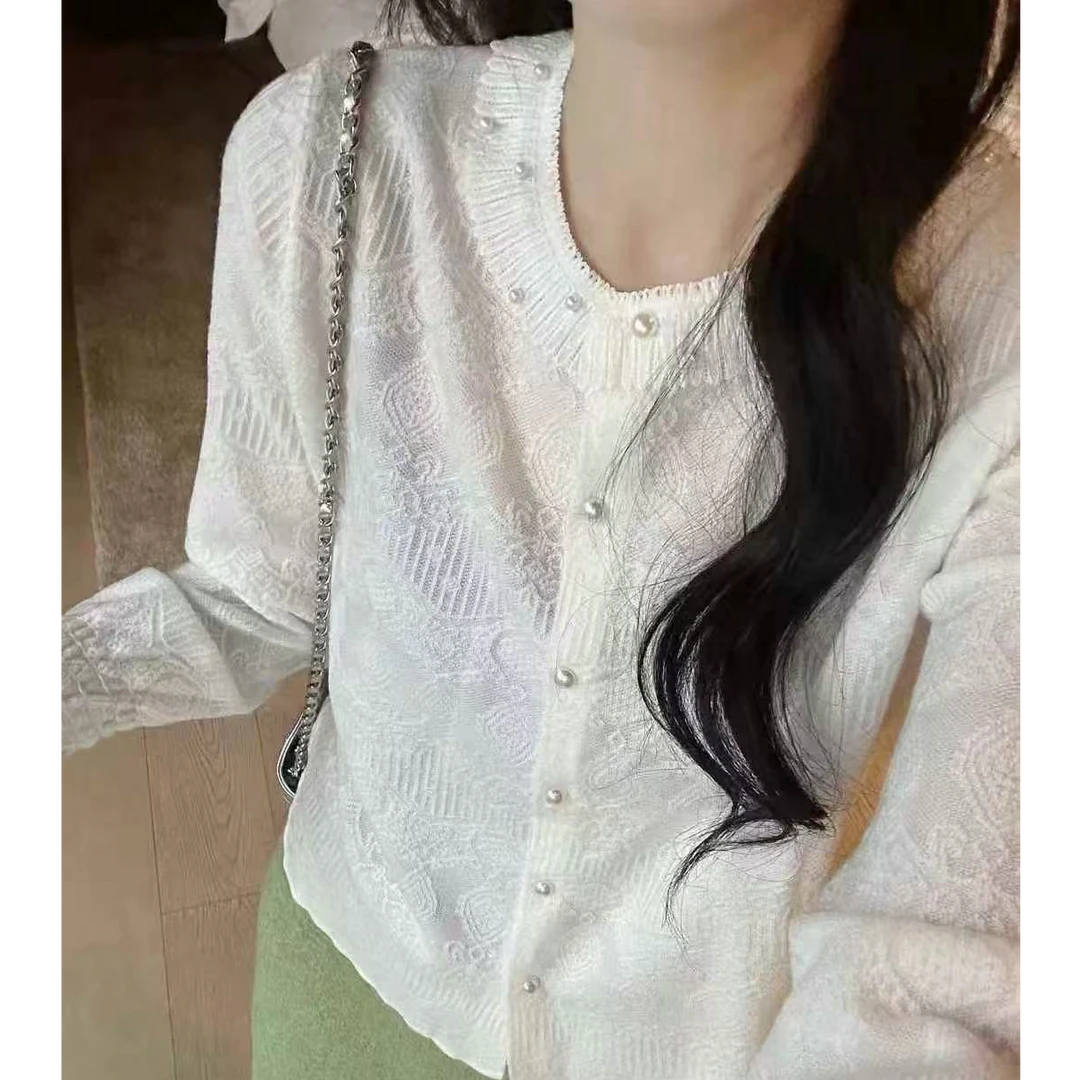 【芊荨精选】春款韩版百搭设计感钉珠镂空蕾丝单排扣针织开衫S822#