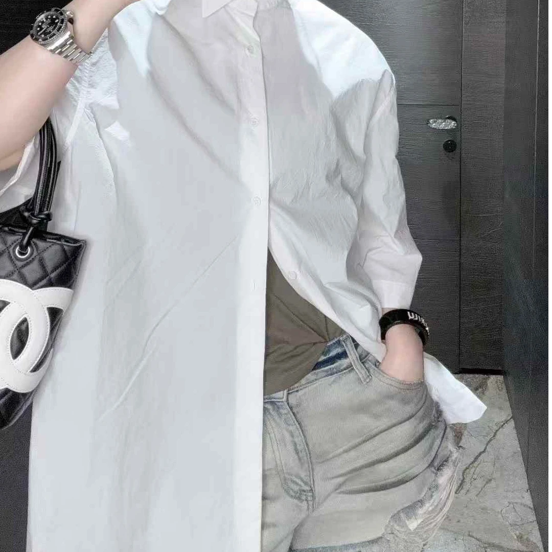 【HAV】  新款时髦百搭翻领单排扣肌理感中长款五分袖衬衫上衣