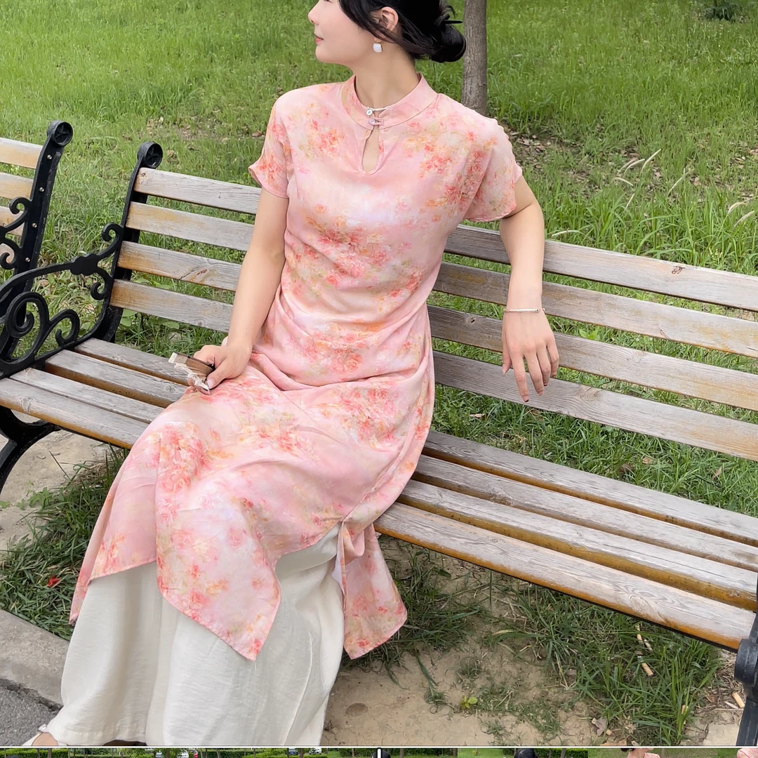 （断码特价）9925#棉绸新中式连衣裙长裙国风改良旗袍显瘦气质