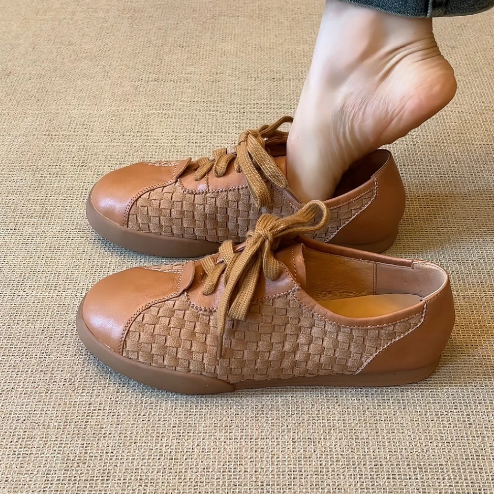 RubyL/1cm休闲通勤百搭舒适拼接编织系带圆头深口平底单鞋女款