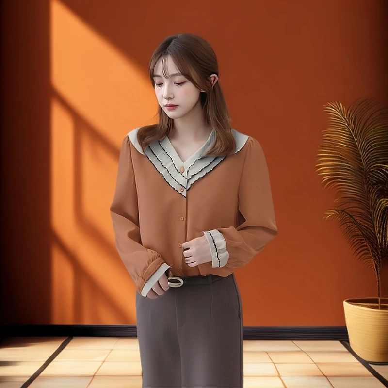 004欧若风浪衬衫砖红色时尚休闲女士衬衣气质洋气百搭法式长袖