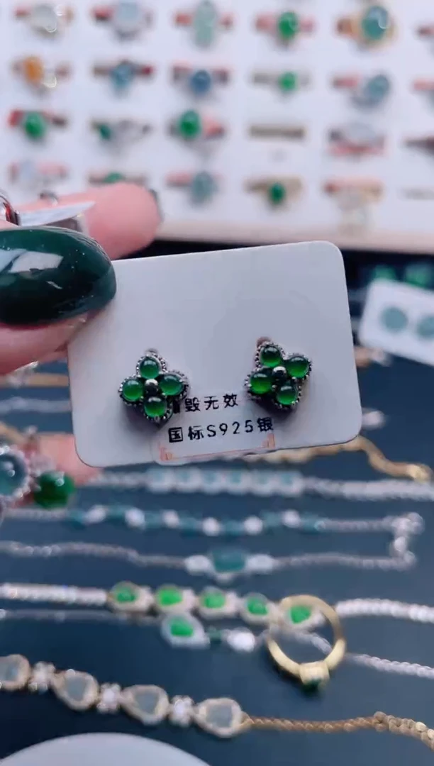 银S925镶嵌翡翠耳饰天然翡翠