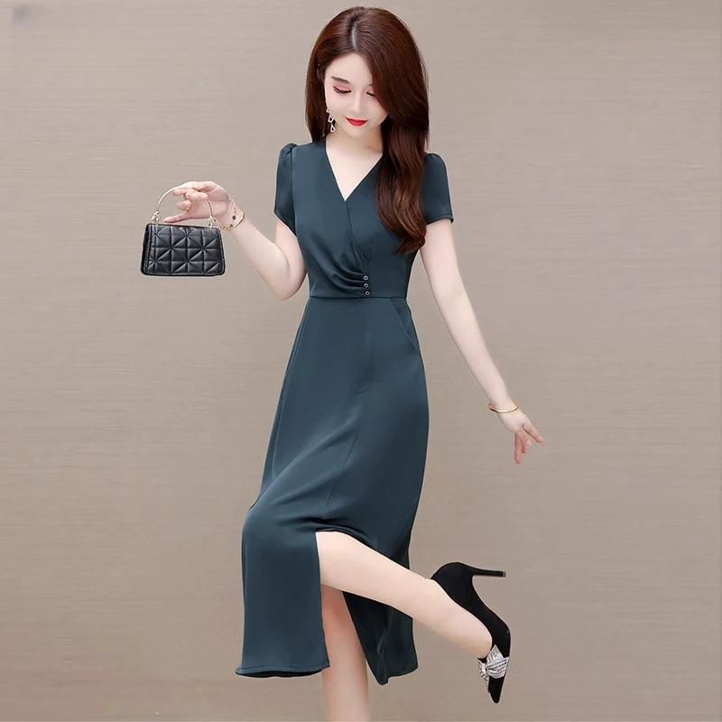 高端精致气质名媛端庄大气醋酸连衣裙女夏季洋气妈妈减龄高贵品牌