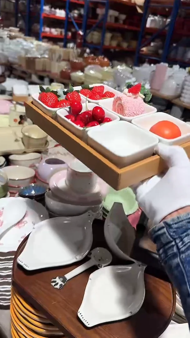 陶瓷方碗木托盘7件套微瑕 凑满20元包邮