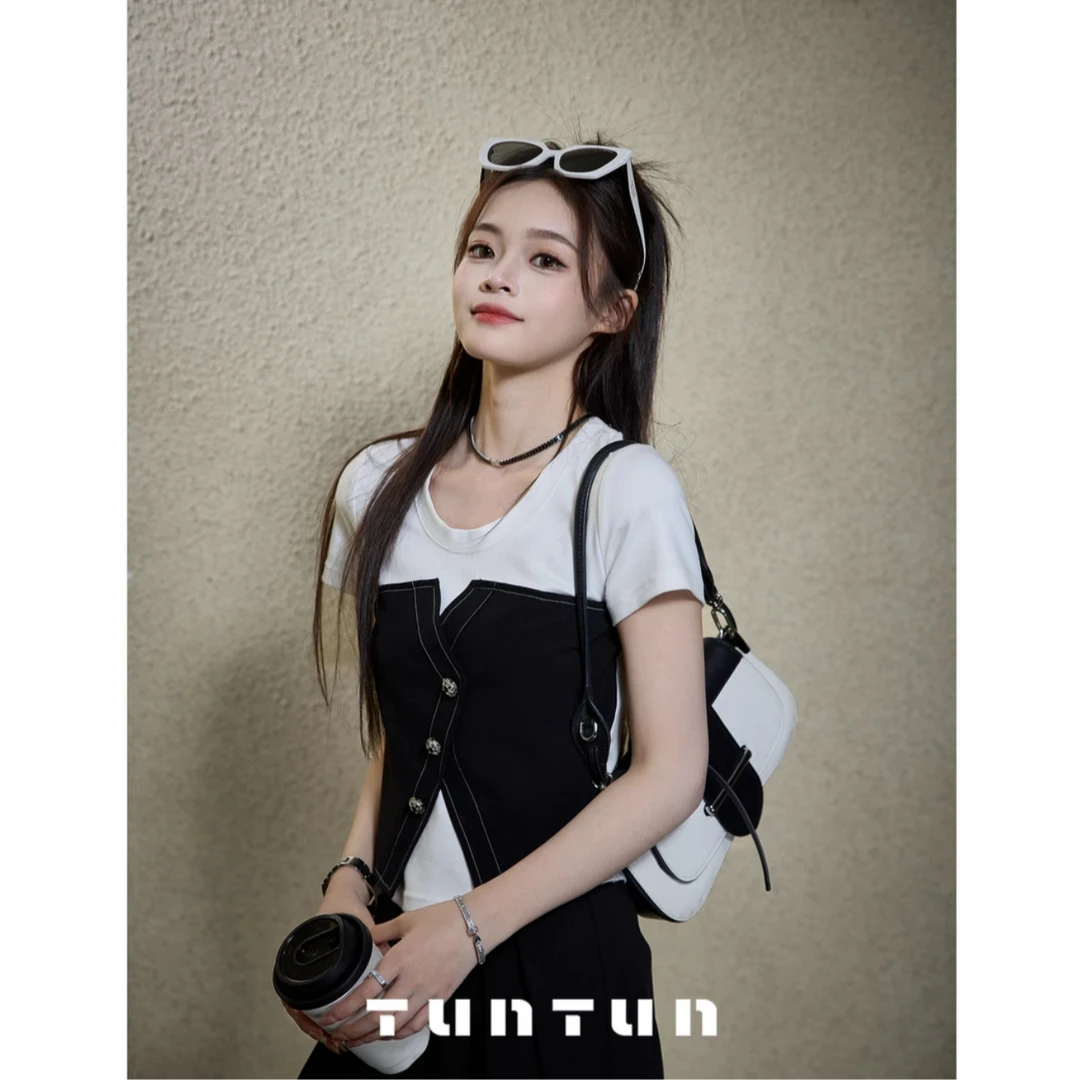 吞吐服饰【你又瘦了 黑白】春夏百搭显瘦高腰小个子假两件T恤