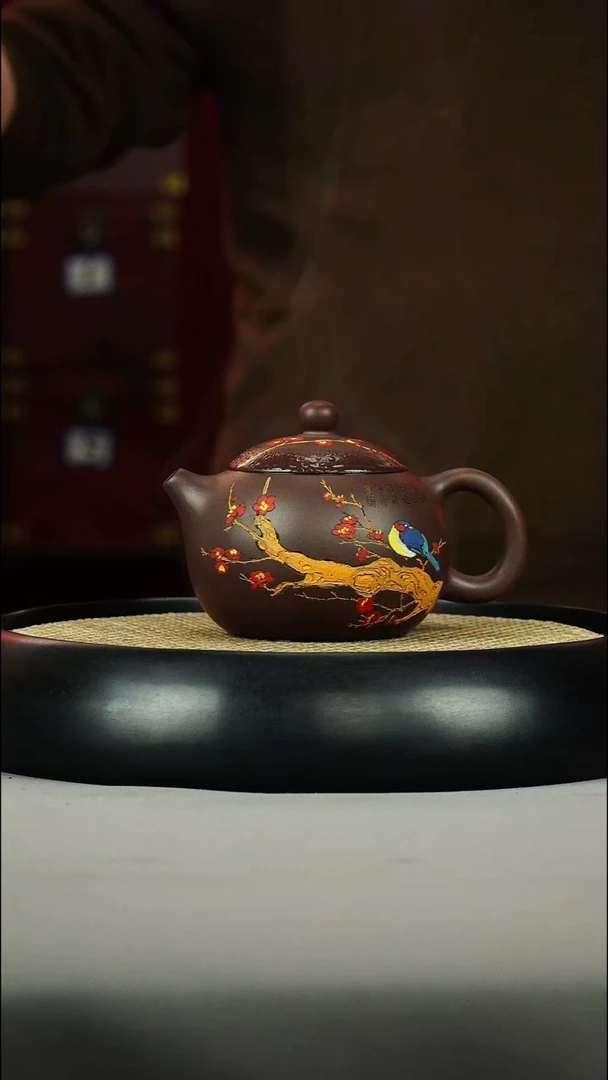 茶壶紫砂桃花泥 西施 泥绘 喜上眉梢