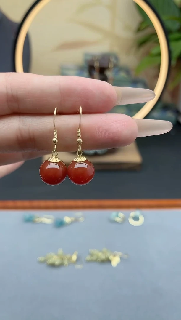 玛瑙/玉髓耳饰银S925镶嵌916红色12单株