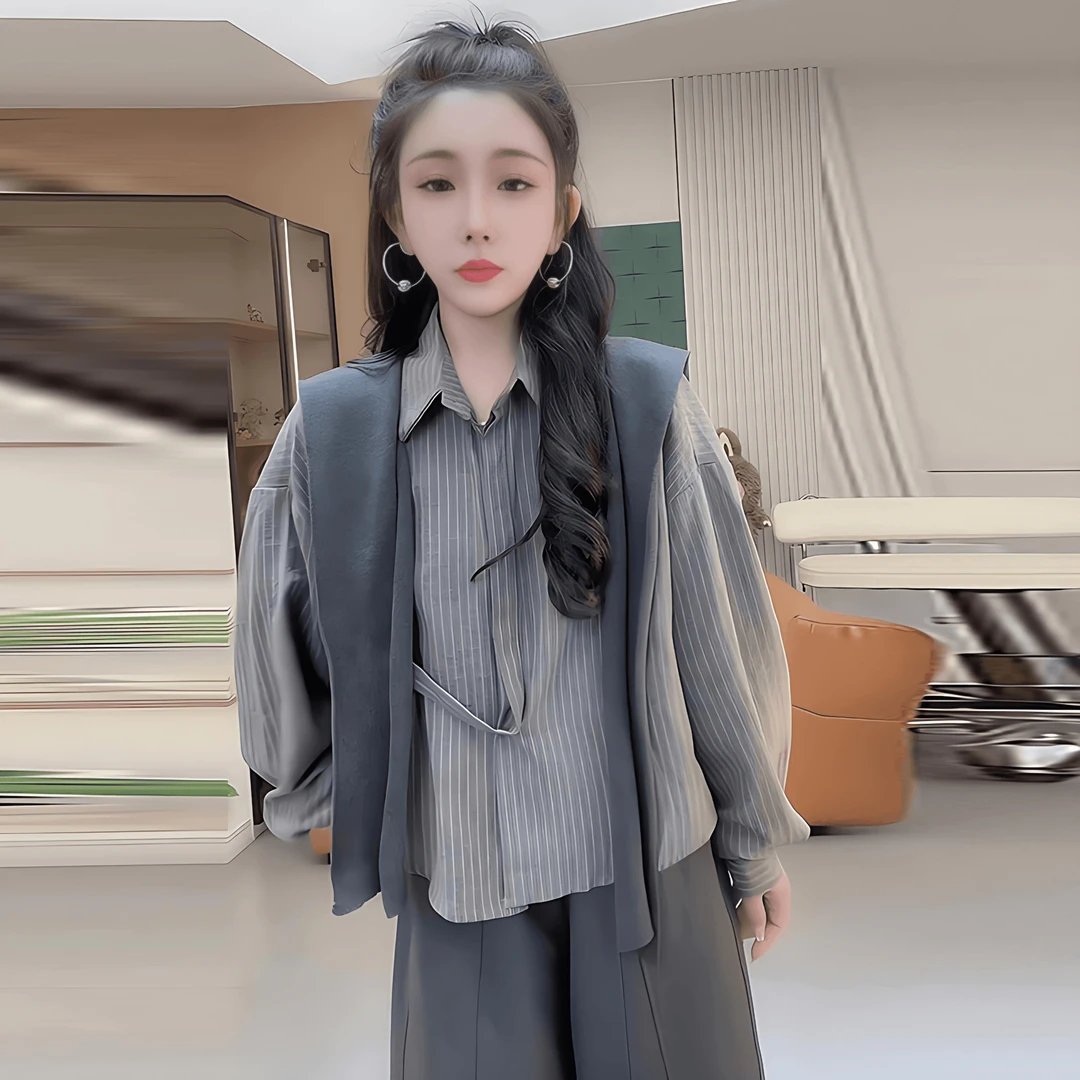 慵懒风条纹灰色衬衫2025年秋季新款女装通勤百搭宽松长袖领巾上衣