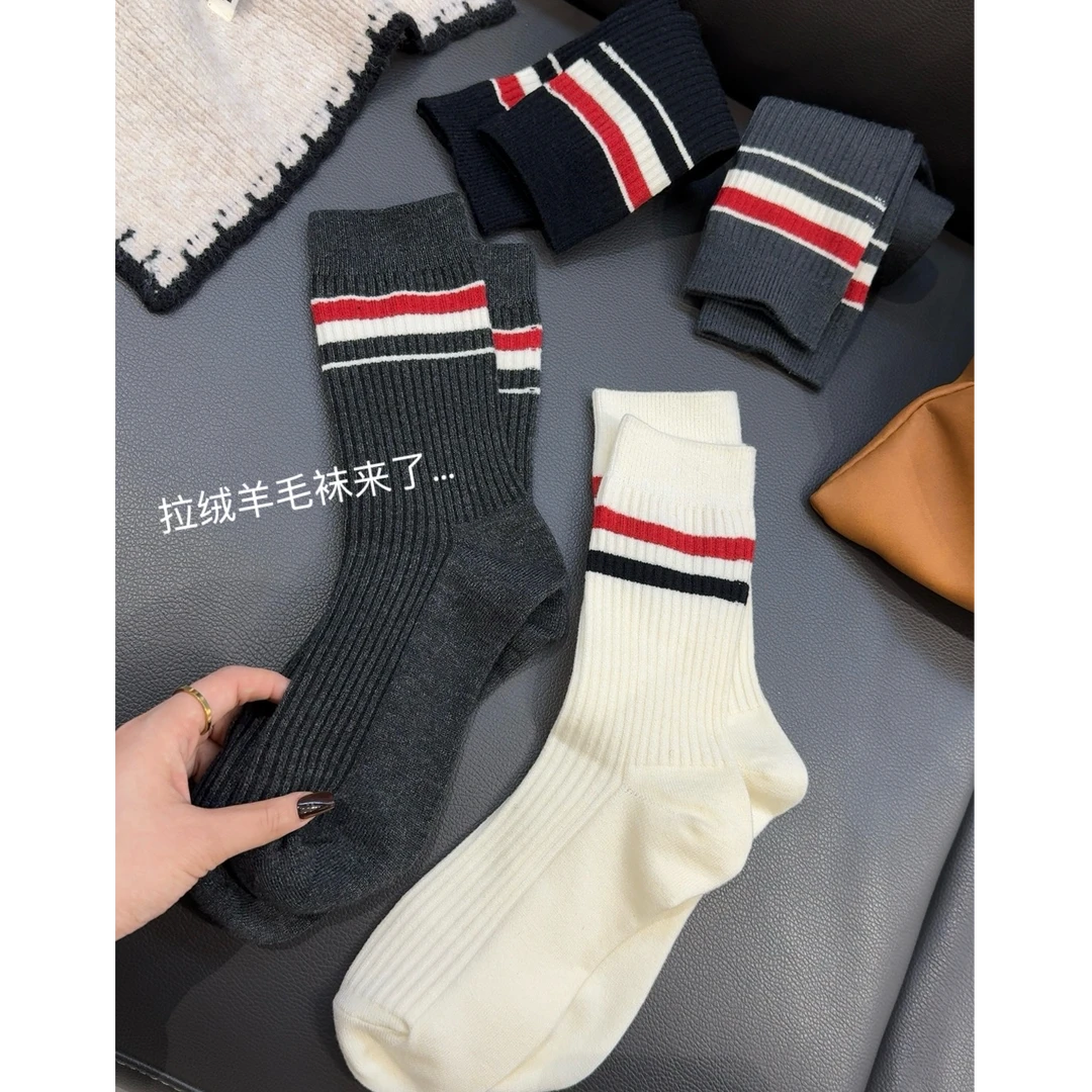 条纹羊毛袜」蓄热保暖锁温双针加厚学院风百搭条纹弹力中筒袜2688