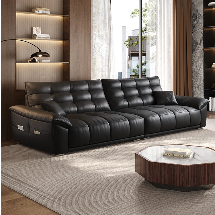 索菲亚SOGAL索安安头层牛皮黑天鹅意式极简客厅直排大坐深沙发