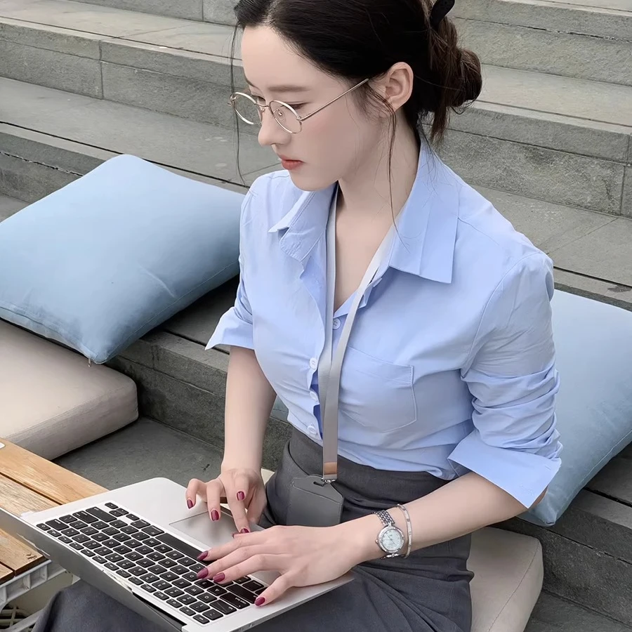 纯欲风气质翻领单排扣长袖衬衫女2025春季新款修身显瘦高级感上衣