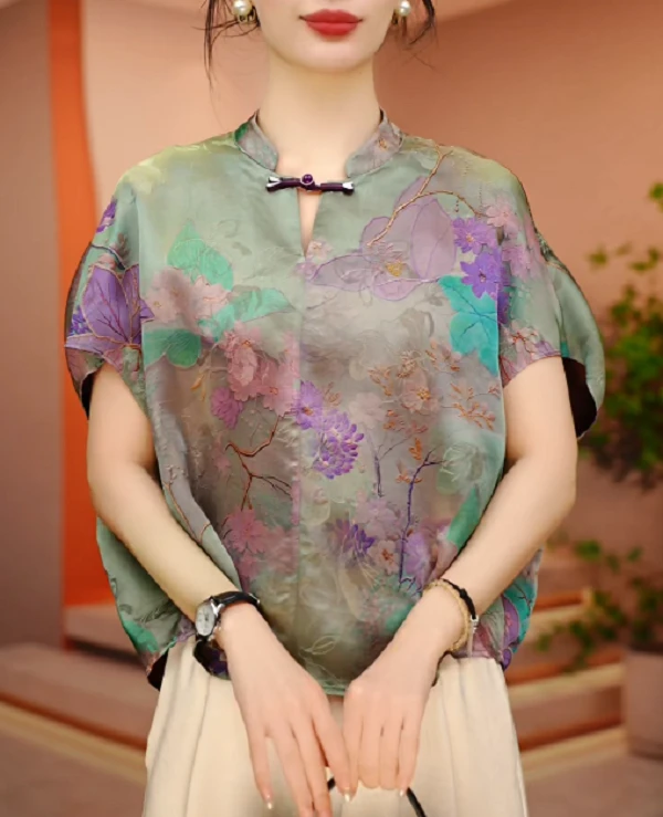 富贵花开-夏季极简风减龄优雅轻奢时尚百搭气质圆领上衣