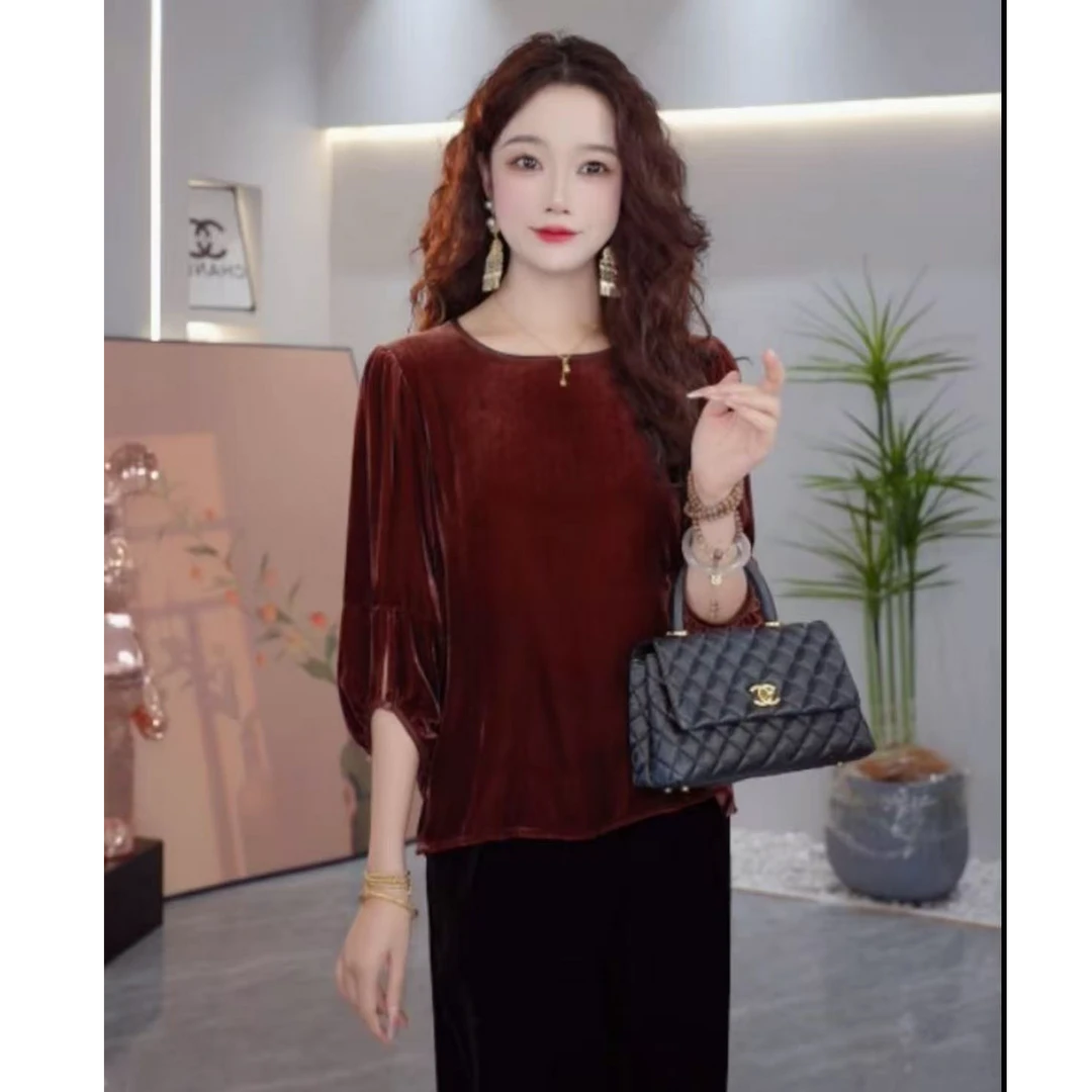 新款高级贵妇丝绒气质常规款显瘦上衣洋气纯色时尚套头圆领打底衫