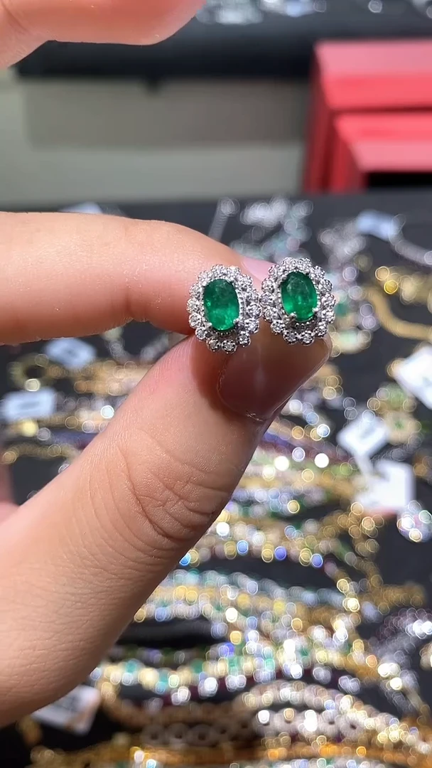 耳饰银S925镶嵌祖母绿耳饰