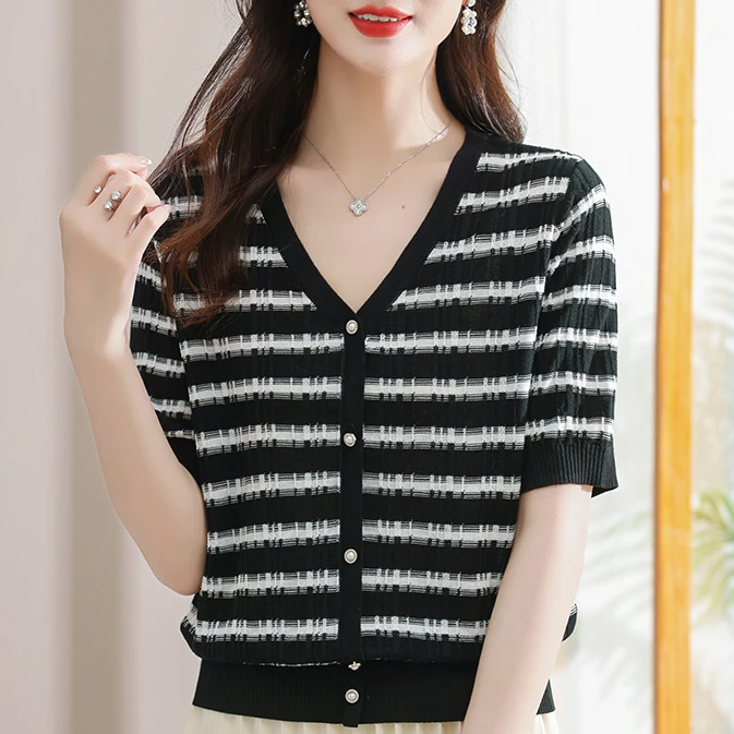【万年条纹】条纹轻薄百搭气质V领针织短袖时尚显瘦宽松上衣