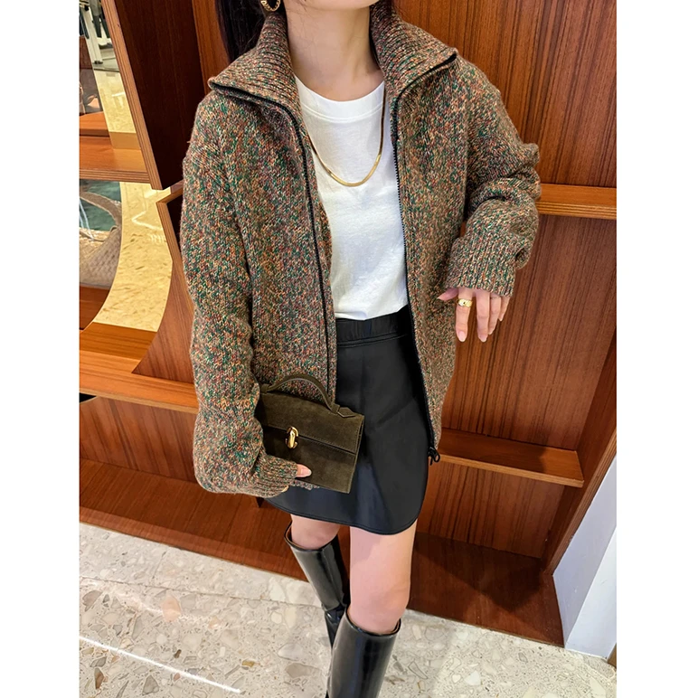 宝丫轻奢  女式时髦慵懒风五彩混色针织开衫拉链外套K871