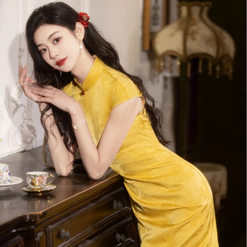 【青未了】2025新款醋酸提花气质国风改良黄色鱼尾旗袍 衣长122
