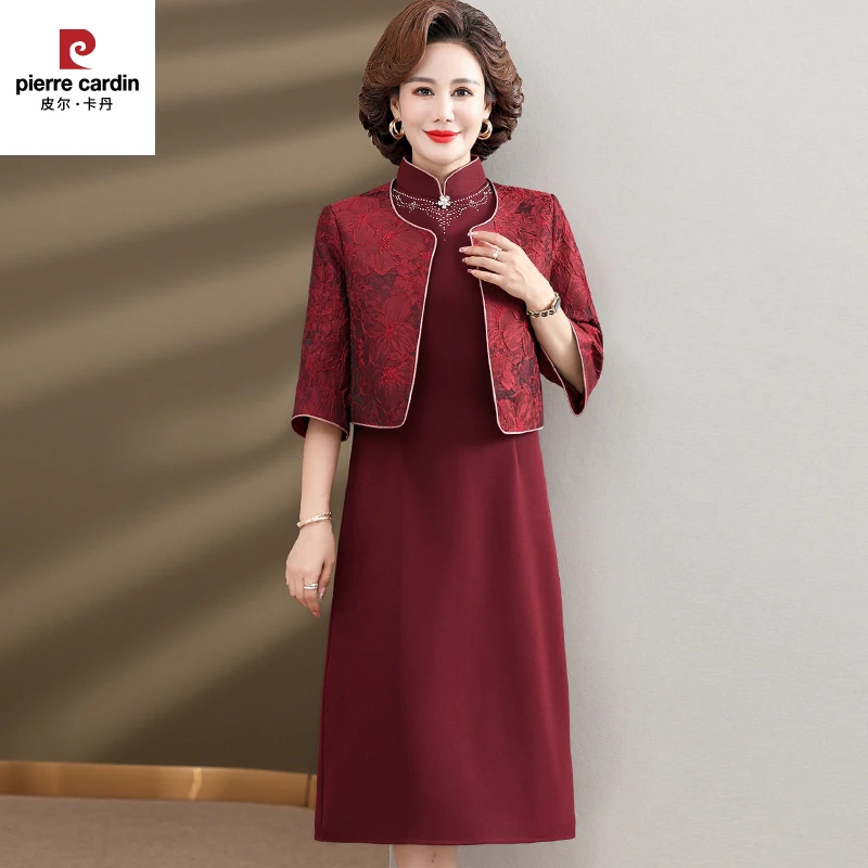 皮尔卡丹结婚妈妈装气质连衣裙女高贵两件套喜婆婆婚宴装春秋礼服