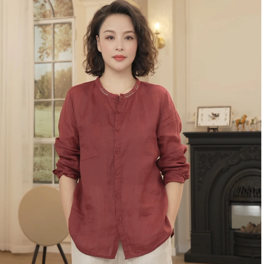 【橘猫美依】【衣长62】春款长袖苎麻圆领小衫女百搭刺绣上衣 5285