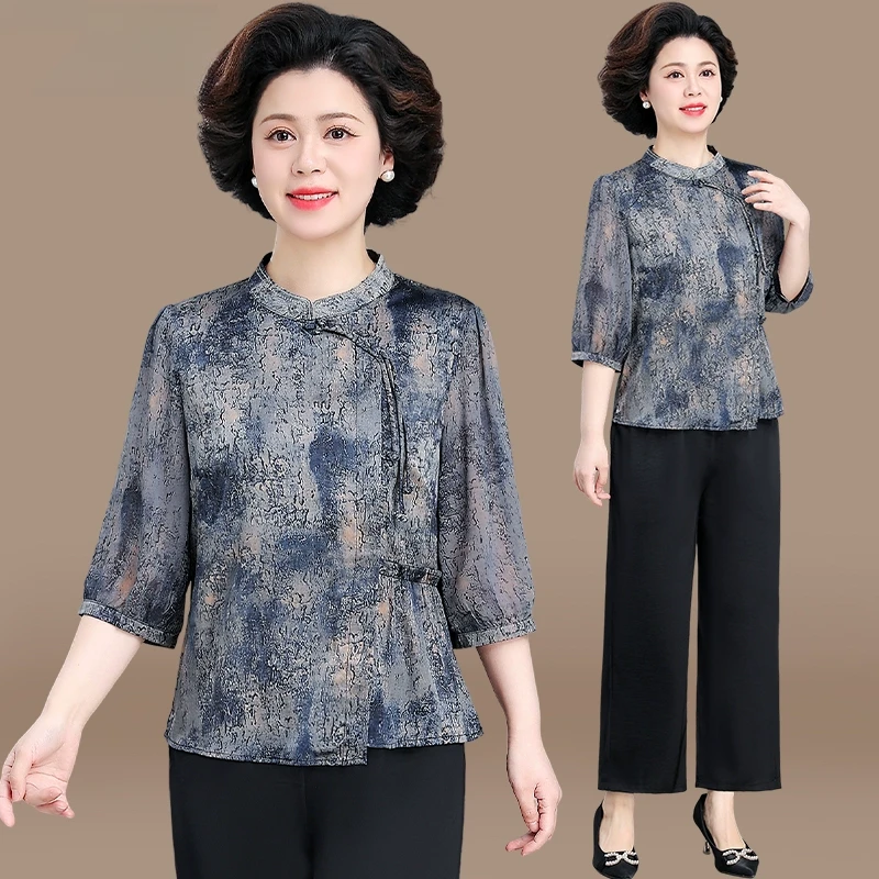 母亲节妈妈春装洋气雪纺小衫套装新中式品牌上衣中老年女夏季衬衫