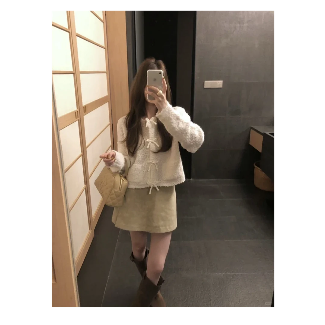 温柔风时尚套装女装2025新款蝴蝶结短款毛衣外套秋季半身裙26253