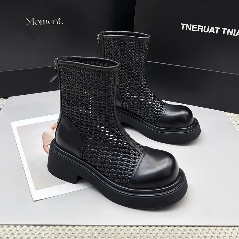 619-3镂空凉靴女厚底2025新款真皮粗跟短靴包头编织罗马凉鞋