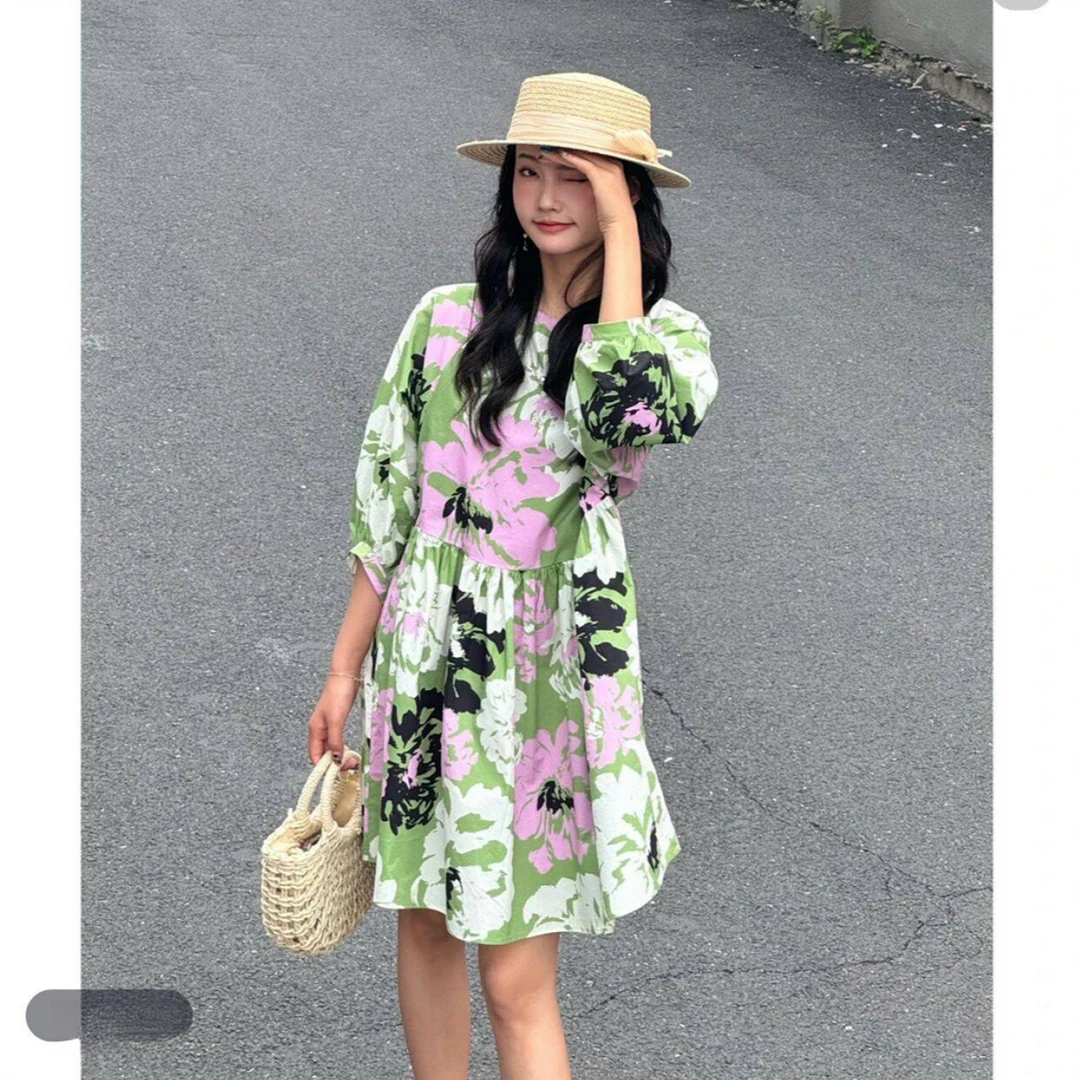 【GIRID AMSS】夏季法式印花条纹高腰宽松腰拼接中长款连衣裙