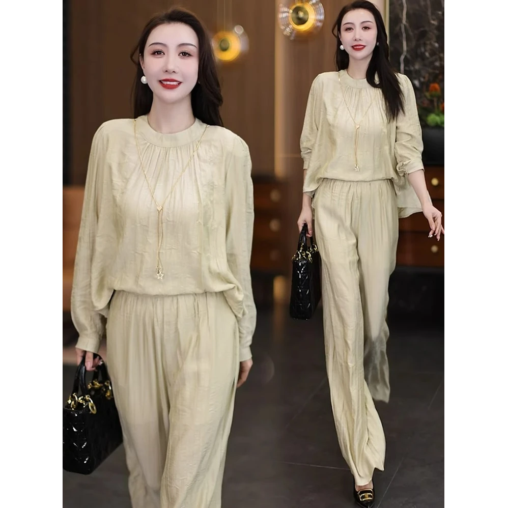 早春时尚套装女2025春秋新款洋气显瘦遮肉长袖上衣阔腿裤两件套潮