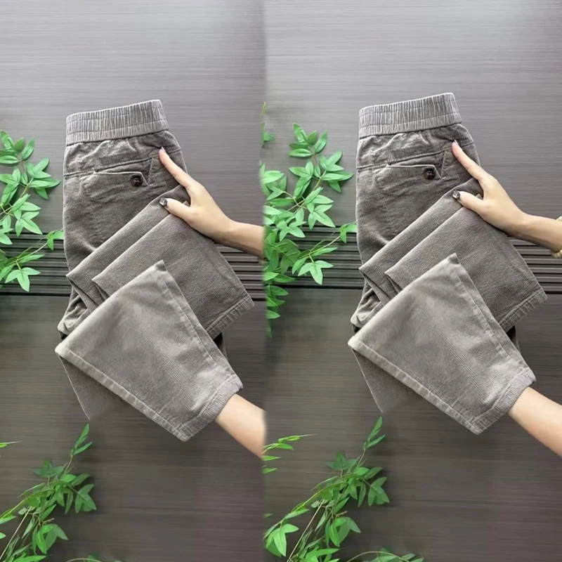 条绒休闲风哈伦女裤高腰显瘦口袋休闲裤宽松百搭松紧腰九分裤韩版