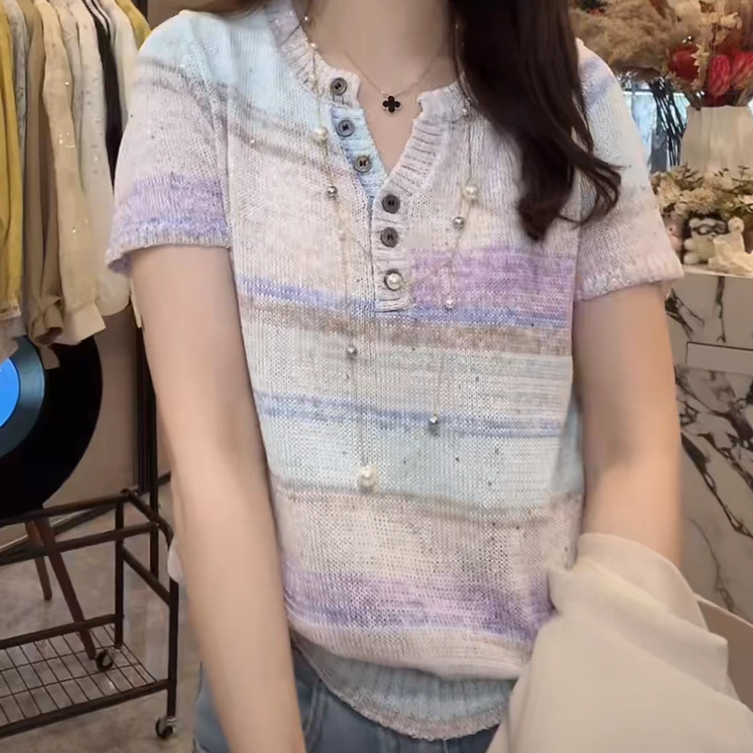 设计感洋气撞色短袖针织衫2025春夏新款小众女装时尚百搭修身上衣