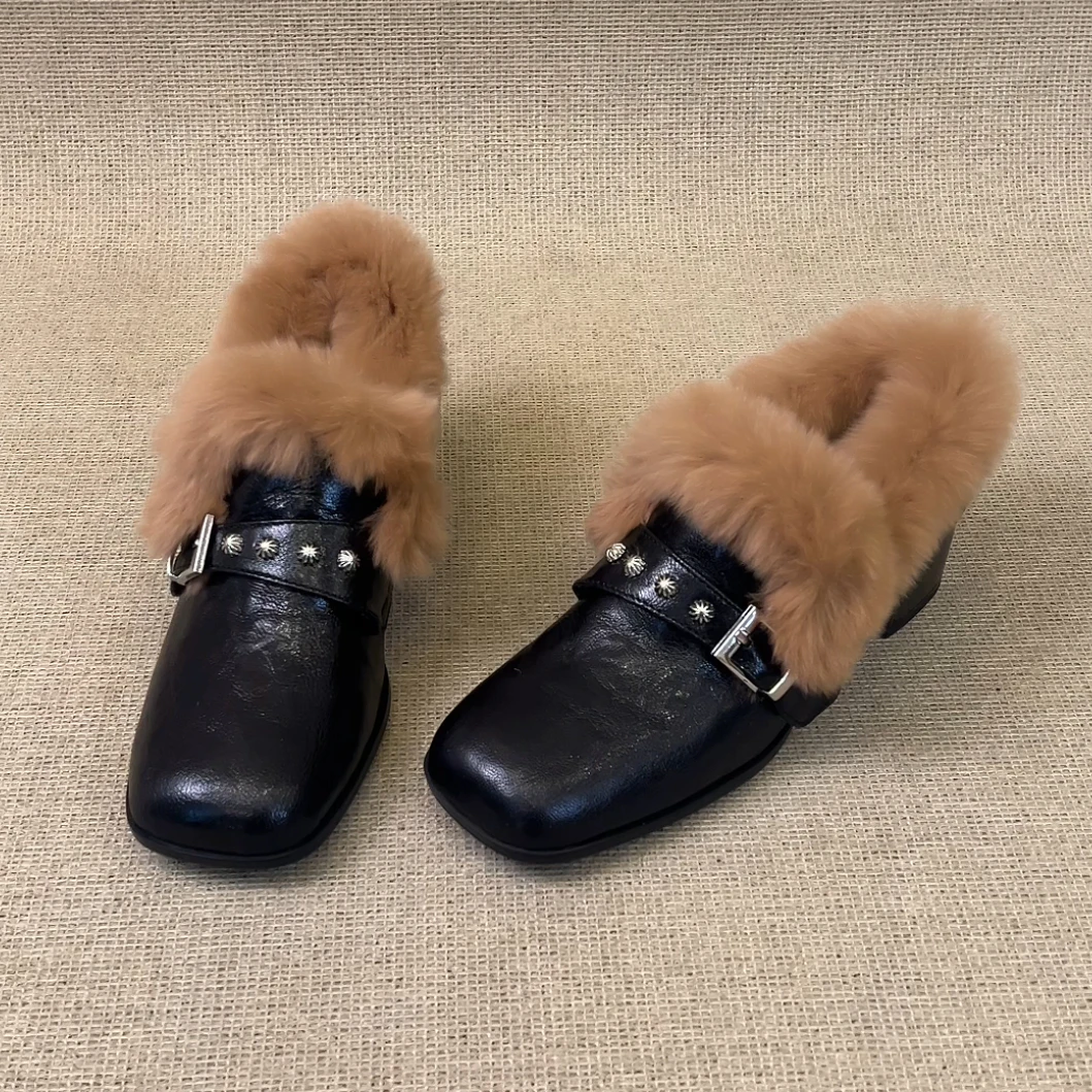 RubyL/4cm冬季保暖复古英伦风百搭皮带扣方头粗跟加绒毛毛鞋女款