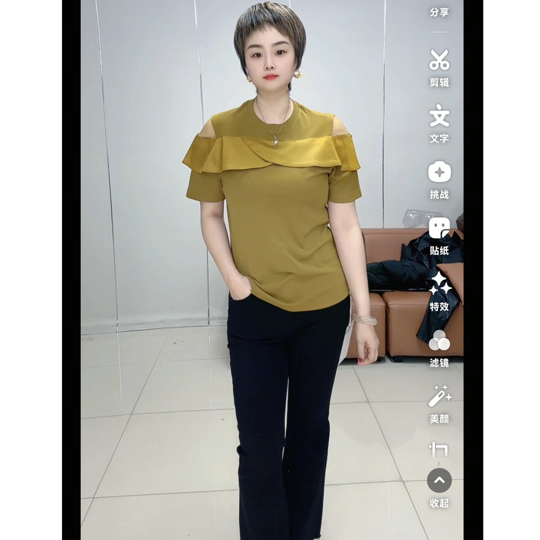 小施家气质洋气显瘦蕾丝肩垂感T恤7215