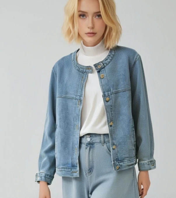 立领牛仔外套女春秋时尚休闲百搭女士宽松韩版潮流牛仔衣上衣夹克