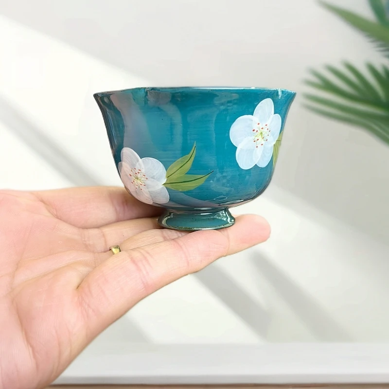 粉引手绘山茶花花口釉下彩精致家用陶瓷清新高端女士品茗杯主人杯