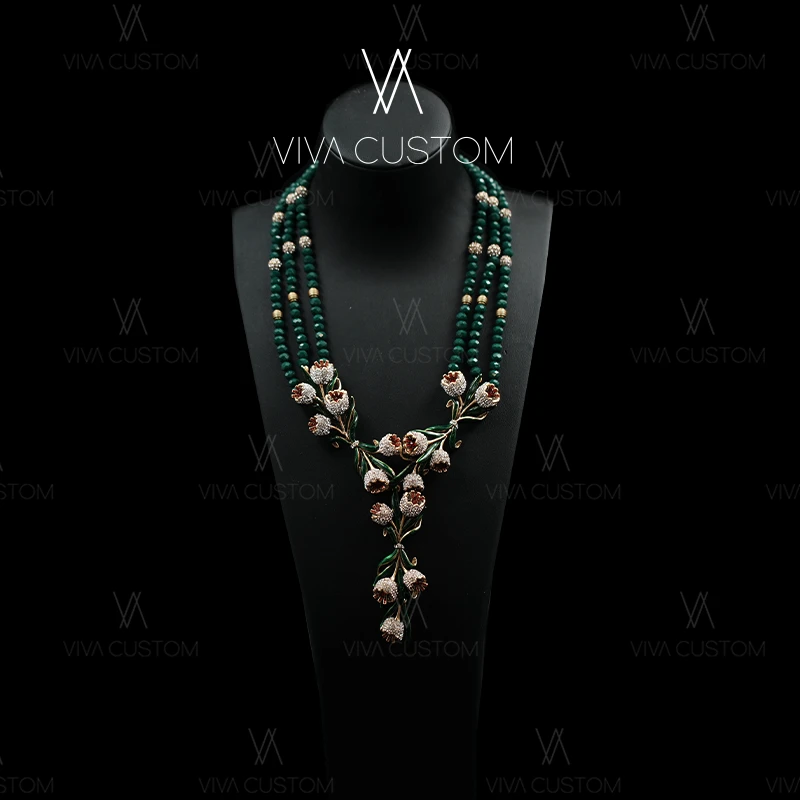 铜合金合成锆石项链 （精工系列）欧美复古大气风铃花项链