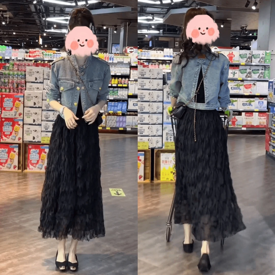 早秋穿搭一整套女装2025新款洋气牛仔外套搭配网纱半身裙衣服套装