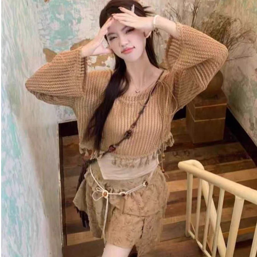 废土风长袖防晒针织罩衫吊带背心高腰半身裙女夏季辣妹三件套2656