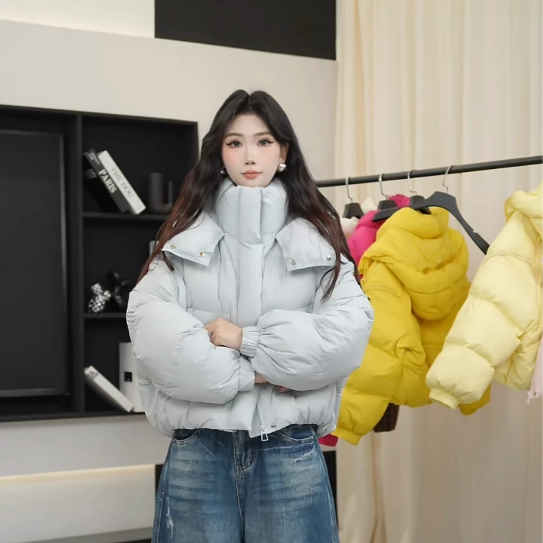 短款拉链袖韩版加厚羽绒服女宽松连帽外套冬休闲百搭时尚