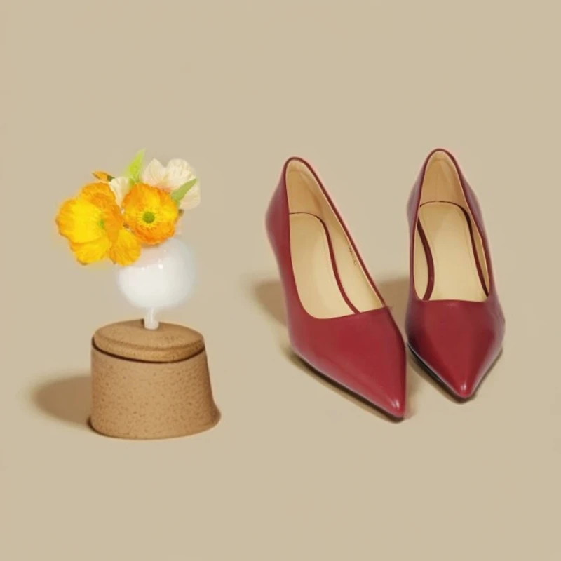 【尚泽专属】细跟法式尖头单鞋浅口红色百搭低跟女鞋2869