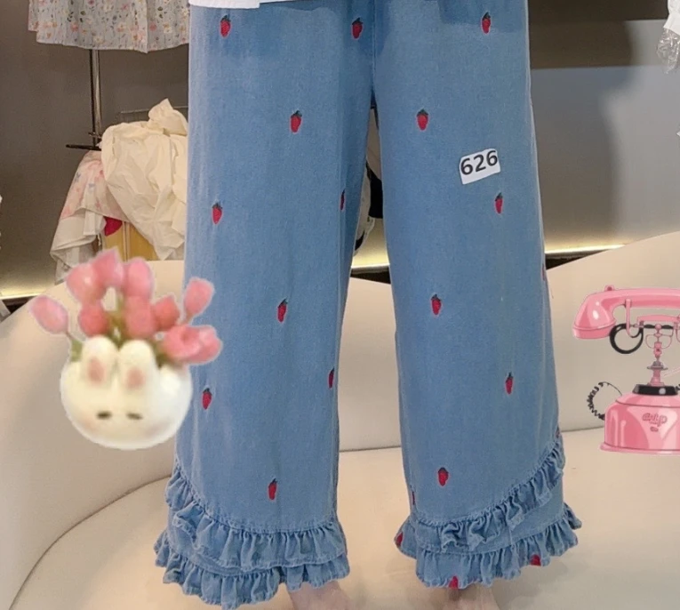 女夏季626牛仔裤女牛仔长裤夏季高腰薄款女裤子百搭蕾丝时尚休闲