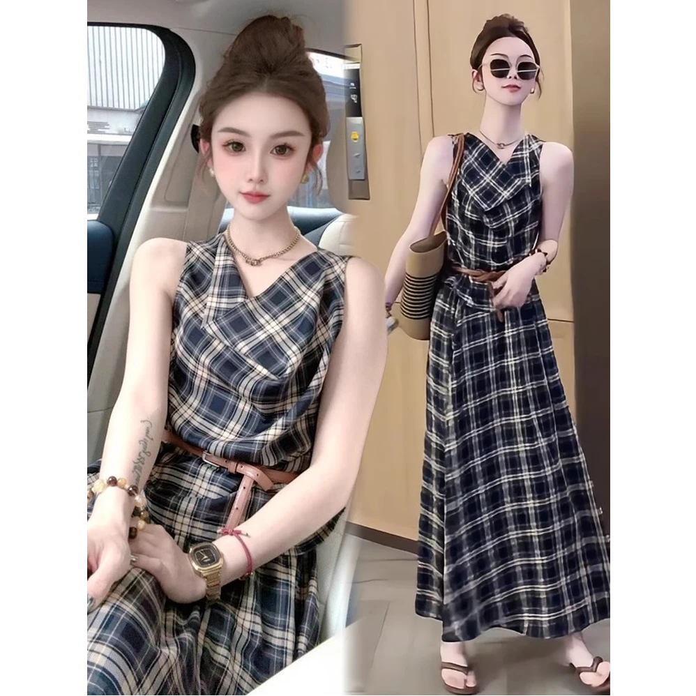 时尚格子套装女2025夏季新款时髦洋气无袖上衣半身长裙气质两件套